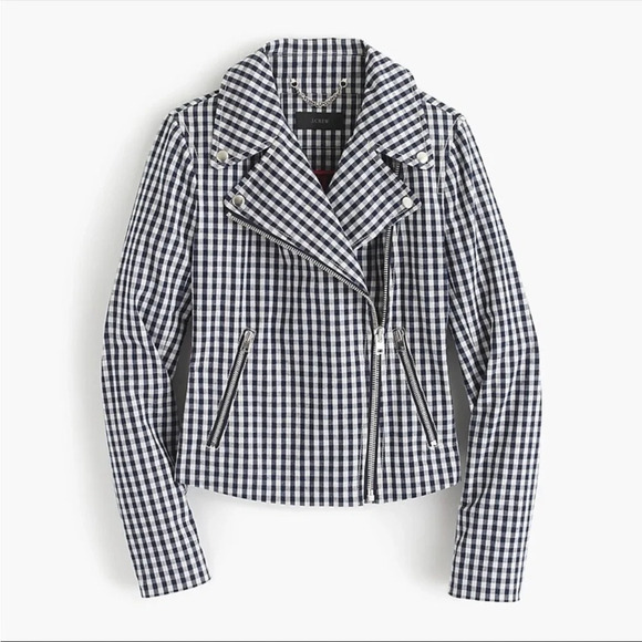 J. Crew White Blue Gingham Moto Motorcycle Jacket Size 2 - Picture 12 of 12